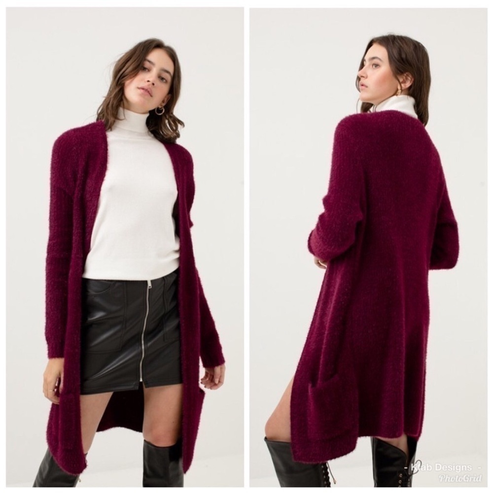 Boutique Marled Maroon Long Line Cardigan Sweater with Pockets Size L